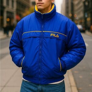 Vintage FILA 90s Puffer Jacket Blue Yellow Lined Retro Streetwear Men’s L